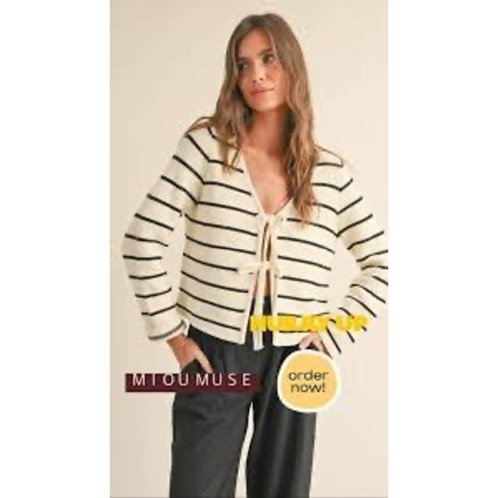 Miou Muse Striped Tie Front Organic Cotton Cardigan Cream Black Small